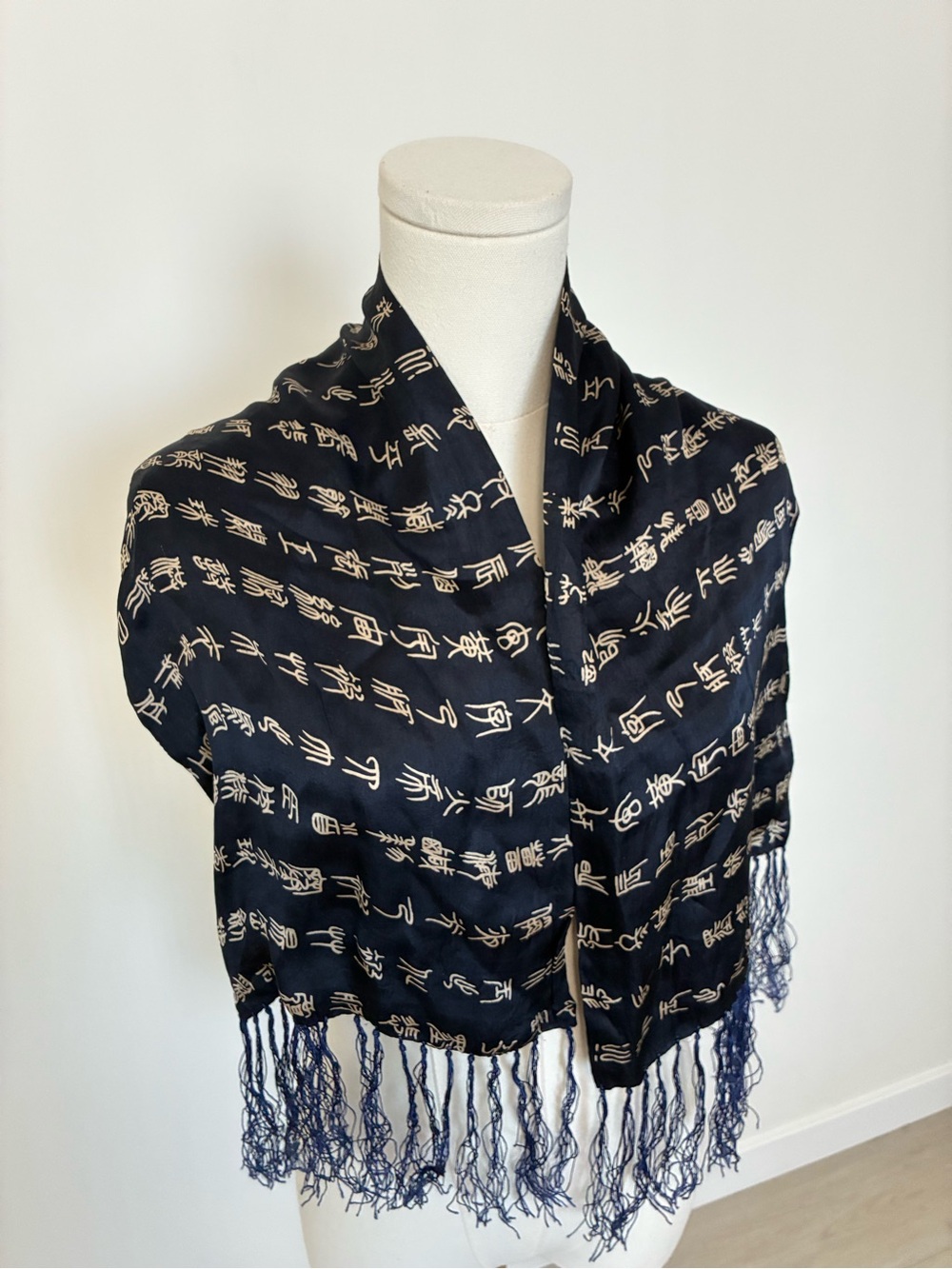 Silk Navy Fringe Scarf with Cream Character Print